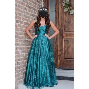 Blonde Nites Teal Strapless Glitter Ball Gown